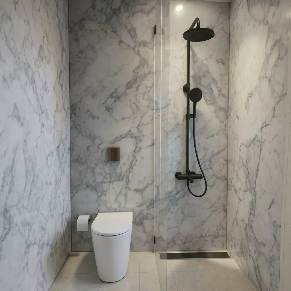 salle de bain douche en marbre à Montréal — Darelle Design