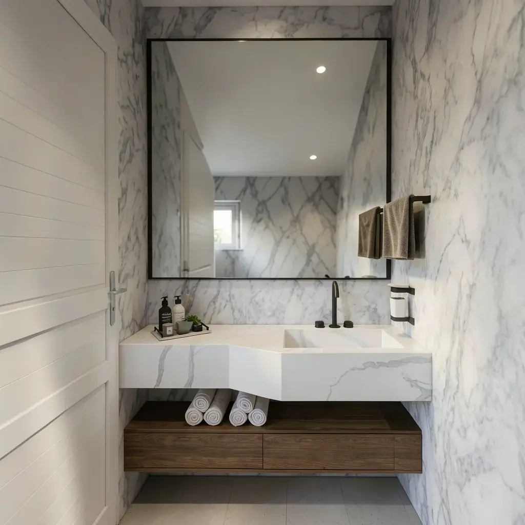 vasque et miroir salle de bain marbre à Montréal — Darelle Design