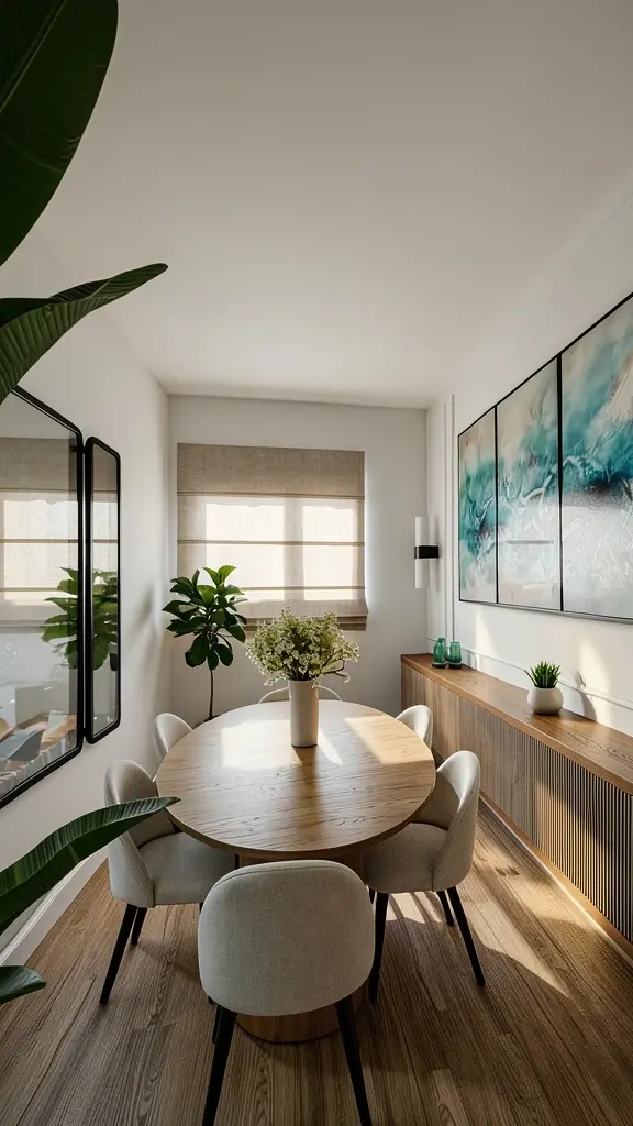 design intérieur salle à manger avec buffet en bois naturel et table ronde au Plateau-Mont-Royal — Darelle Design