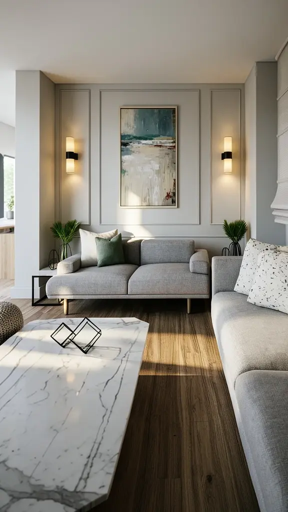 design intérieur salon contemporain avec canapé gris et table marbre à Montréal — Darelle Design