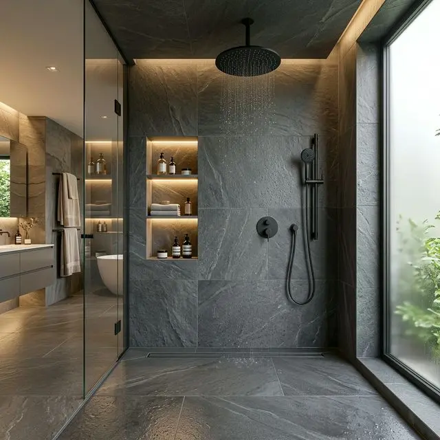 3D detail of a luxury curbless shower with linear drain and alcove.